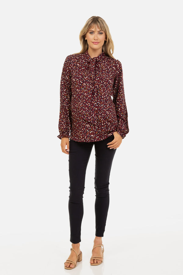 Umstandsbluse mit Schleifenkragen – Tiermuster