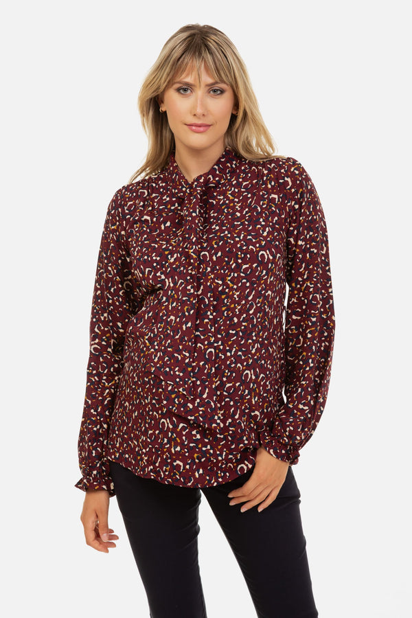 Umstandsbluse mit Schleifenkragen – Tiermuster