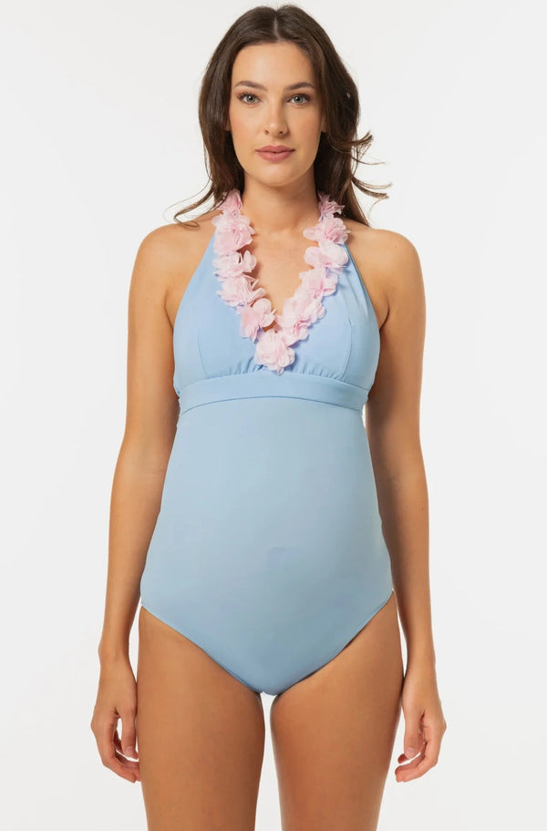 Umstandsbadeanzug mit Chiffonblumen – Babyblau