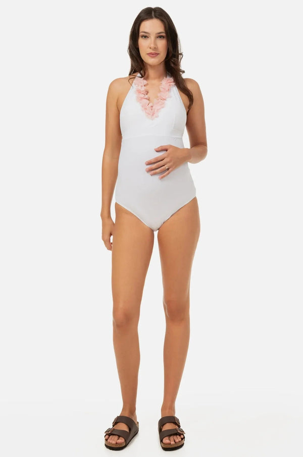 Umstandsbadeanzug mit Chiffonblumen – Weiß