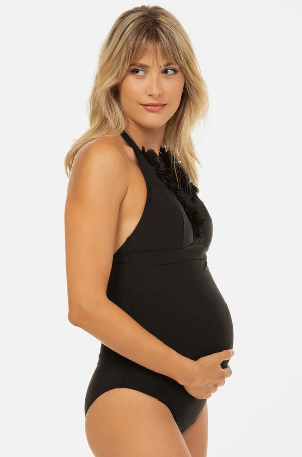 Umstandsbadeanzug mit Chiffonblumen – Schwarz