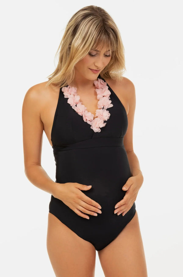 Umstandsbadeanzug mit Chiffonblumen – Navy
