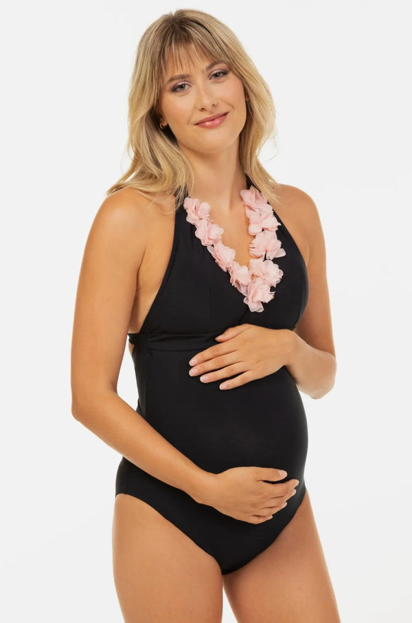 Umstandsbadeanzug mit Chiffonblumen – Navy