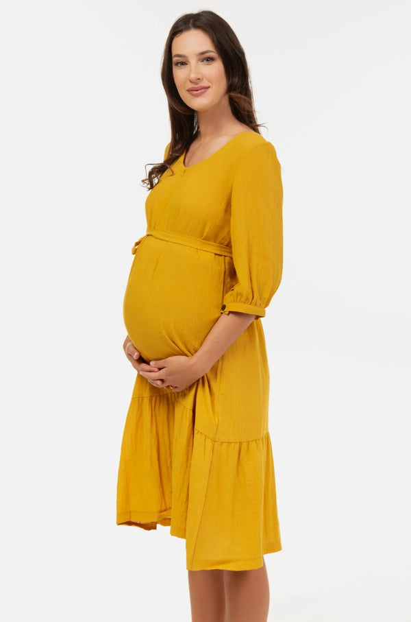 Umstands- & Stillkleid mit Volant und Crinkle-Struktur - Senfgelb