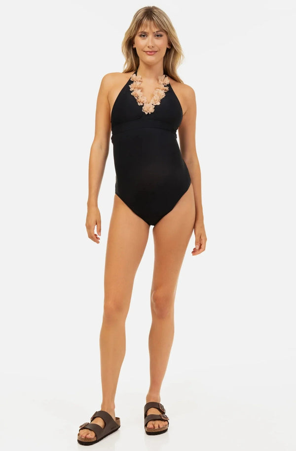 Umstandsbadeanzug mit Chiffonblumen – Navy
