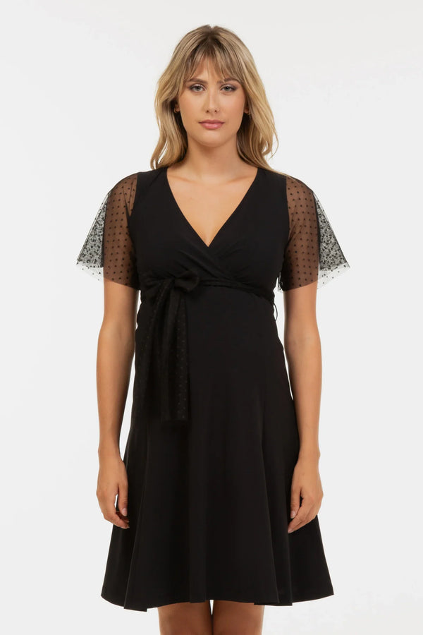 Elegantes Umstands- & Stillkleid mit Punkten und Meshärmeln – Schwarz