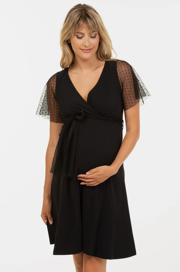 Elegantes Umstands- & Stillkleid mit Punkten und Meshärmeln – Schwarz