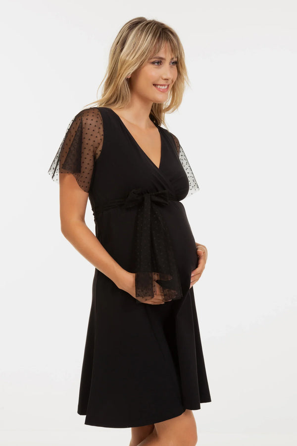 Elegantes Umstands- & Stillkleid mit Punkten und Meshärmeln – Schwarz