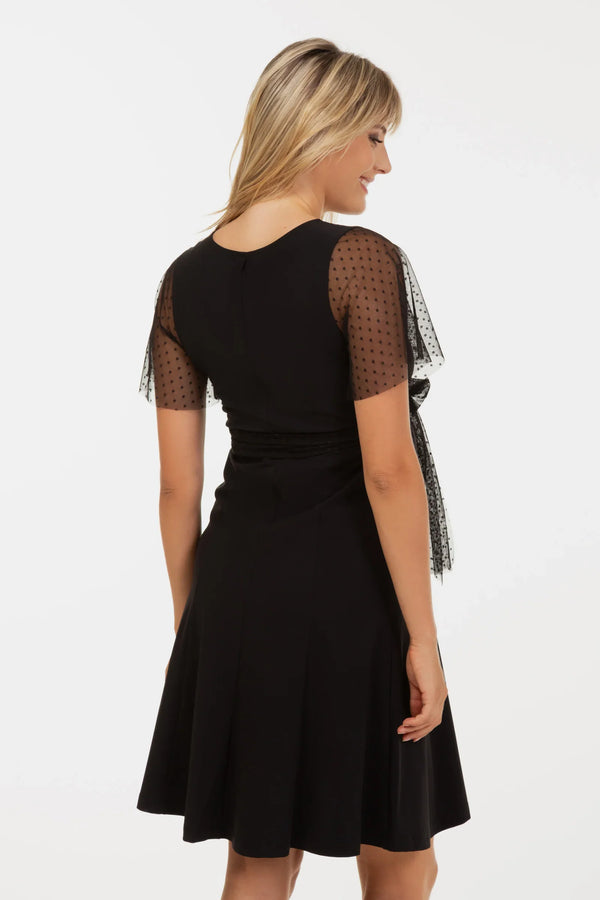 Elegantes Umstands- & Stillkleid mit Punkten und Meshärmeln – Schwarz