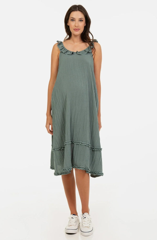 A-Linien-Umstandskleid mit Volants – Salbeigrün