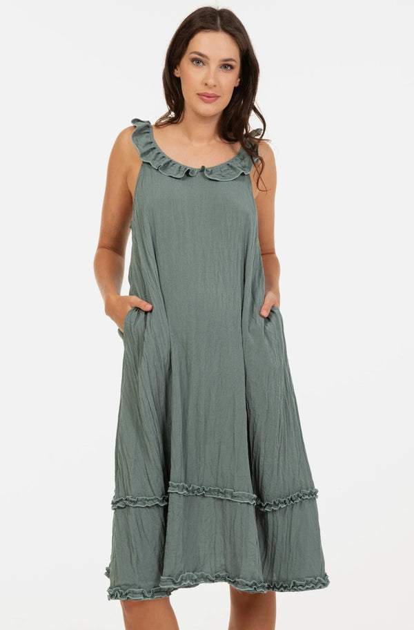 A-Linien-Umstandskleid mit Volants – Salbeigrün