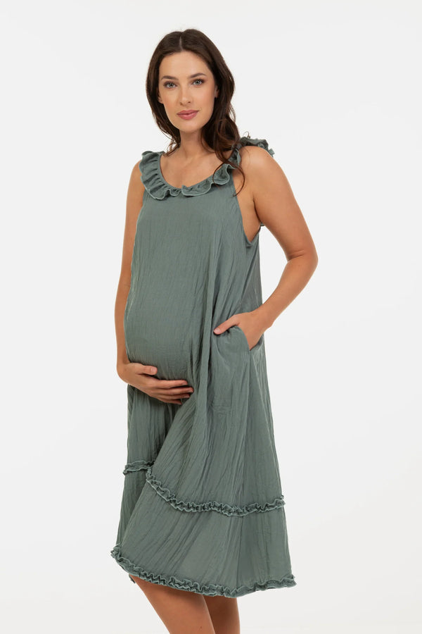 A-Linien-Umstandskleid mit Volants – Salbeigrün