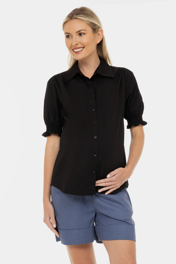 Zwarte katoenen zwangerschaps- en voedingsblouse met pofmouwen