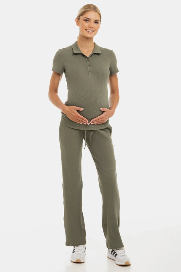 Rippjersey-Flared-Umstandshose – Khaki