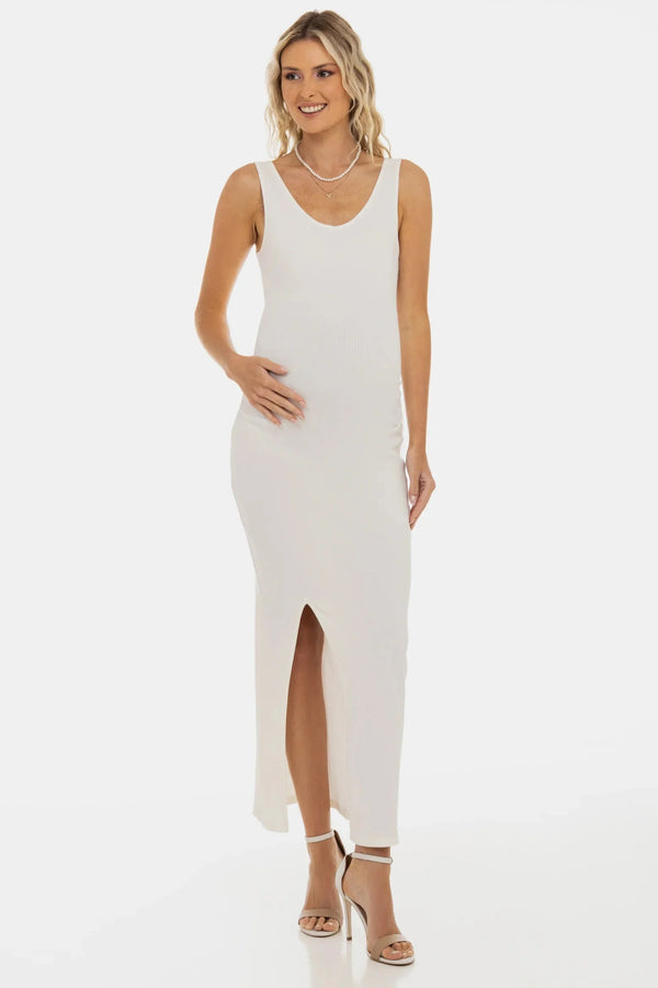 Langes Umstandskleid aus Rippjersey mit Schlitz – Ecru