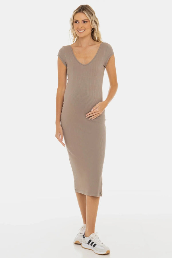 Figurbetontes Umstandskleid aus Baumwolle mit Schlitz – Taupe