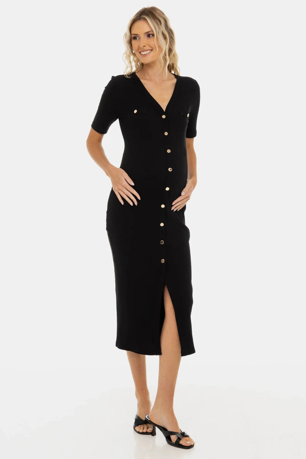 Umstands- und Stillkleid mit goldenen Knöpfen – Schwarz