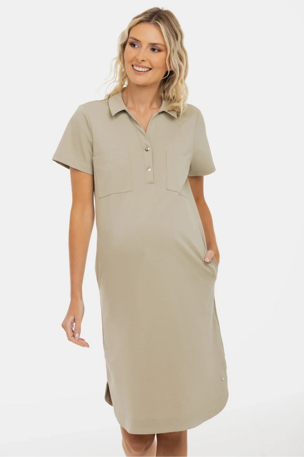 Umstands- und Still-Hemdblusenkleid mit Knopfleiste – Sandbeige