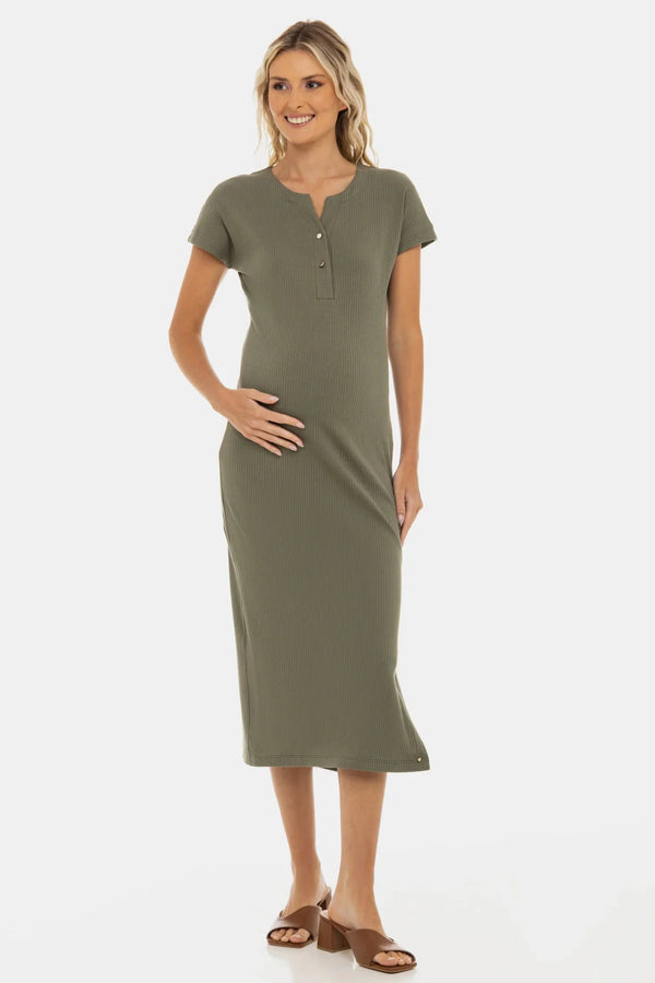 Umstands- und Stillkleid aus Rippjersey mit Knöpfen – Khaki