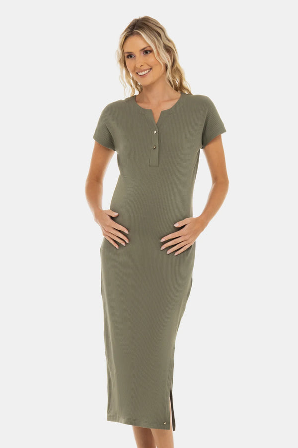 Umstands- und Stillkleid aus Rippjersey mit Knöpfen – Khaki