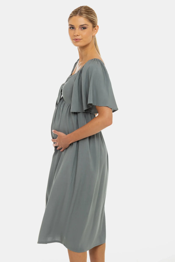 Sommerliches Umstandskleid mit elastischem Rücken und Schleife – Pastellgrün