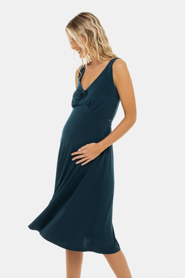 Luftiges Umstandskleid mit Raffung und Schleifendetail – Petrol