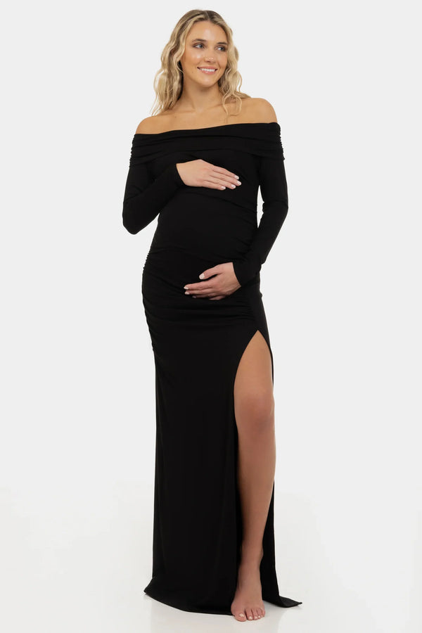 Langes elegantes Umstandskleid mit Off-Shoulder – Schwarz