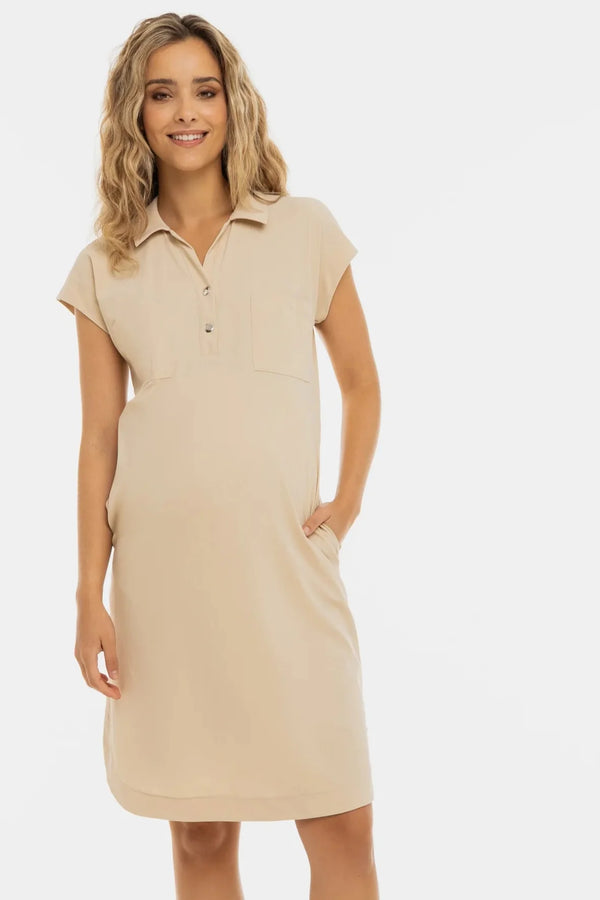 Umstands- und Still-Hemdblusenkleid aus elastischem Jersey – Sand