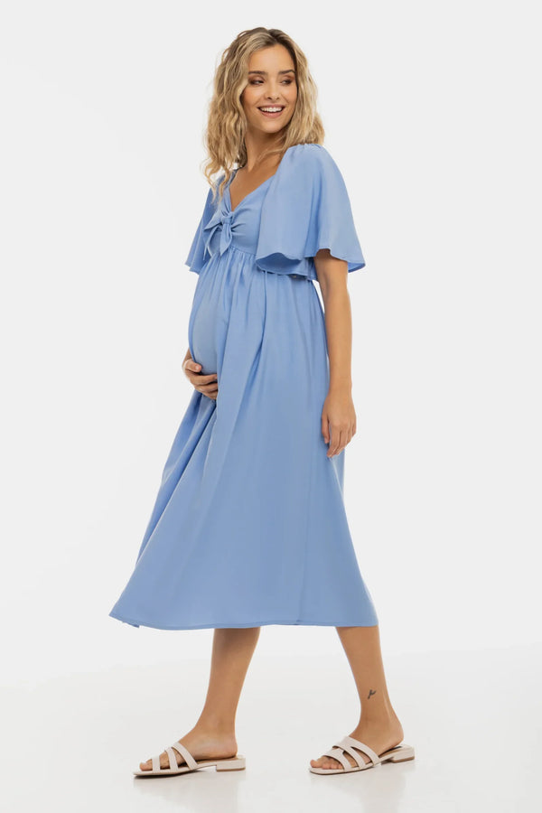 Sommerliches Umstandskleid mit elastischem Rücken und Schleife – Pastellblau
