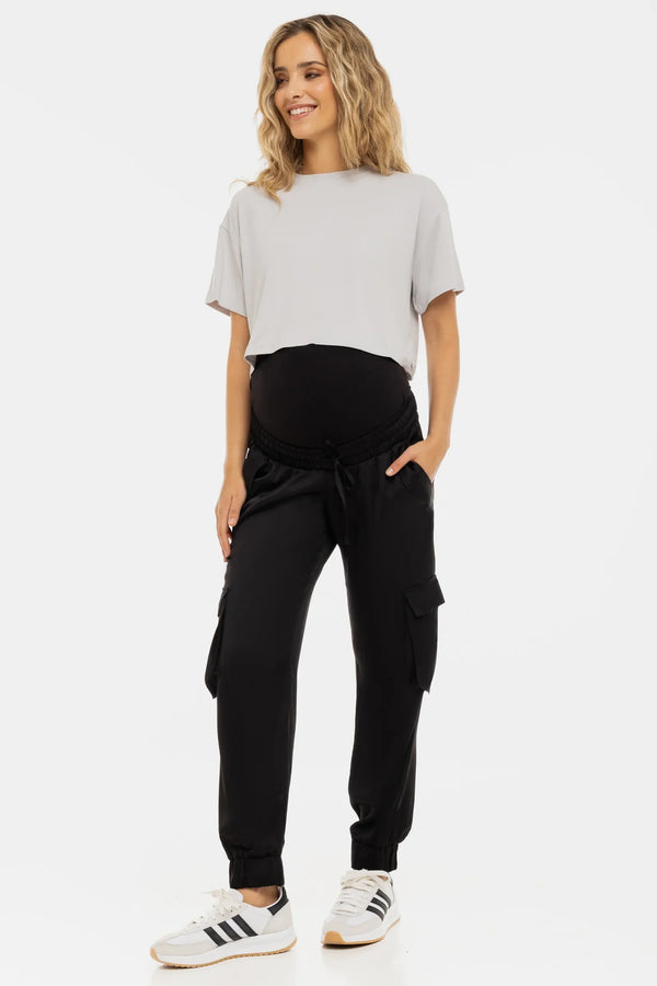 Umstands-Satinhose im Cargo-Stil – Schwarz