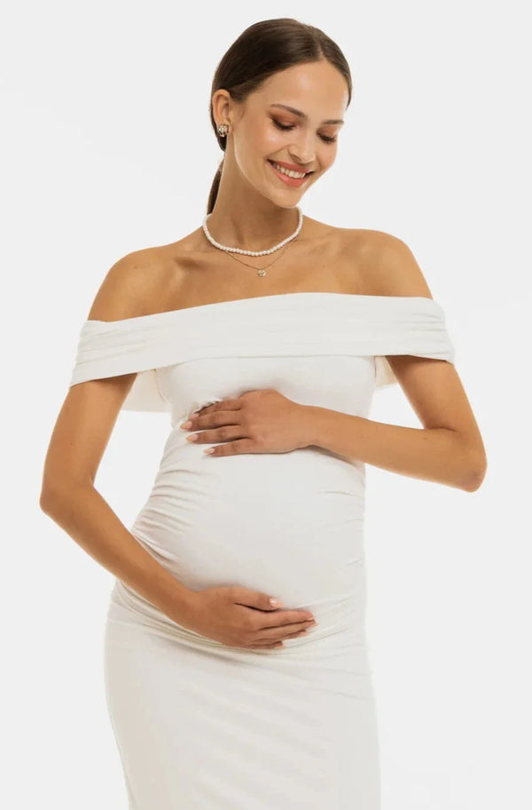 Langes Umstandsbrautkleid mit Raffung – Ecru