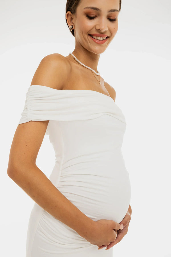 Langes Umstandsbrautkleid mit Raffung – Ecru