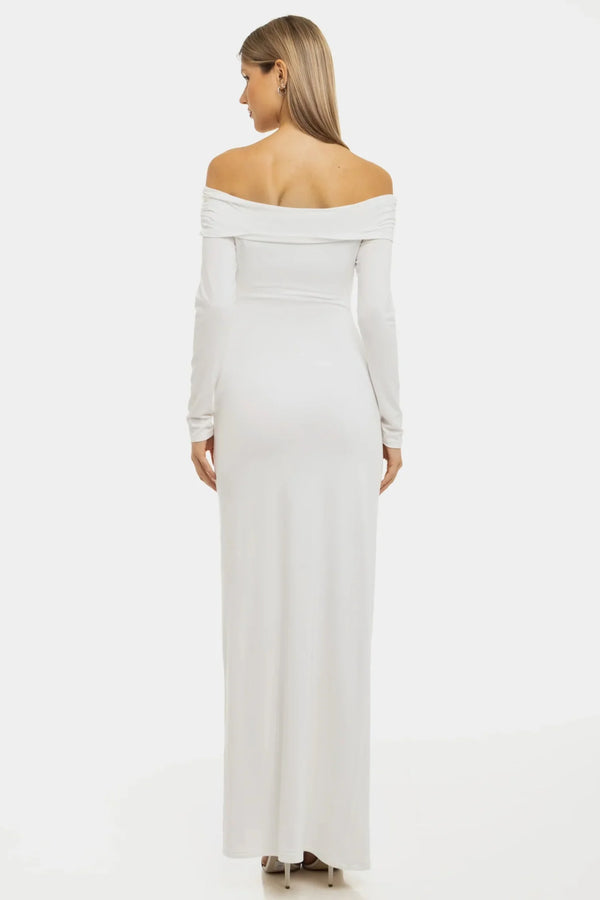 Langes elegantes Umstandskleid mit Off-Shoulder – Ecru