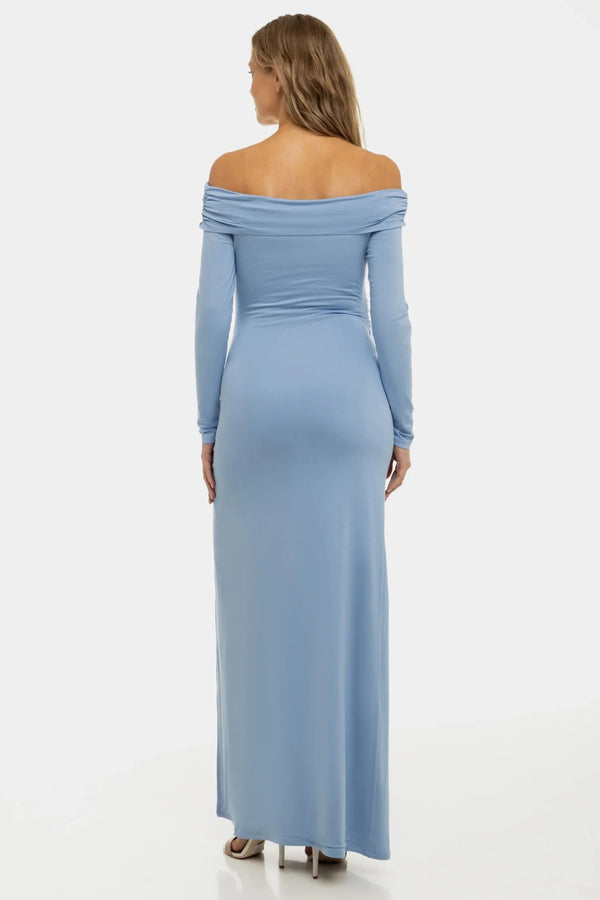 Langes elegantes Umstandskleid mit Off-Shoulder – Babyblau