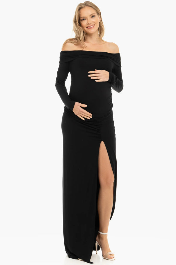 Langes elegantes Umstandskleid mit Off-Shoulder – Schwarz