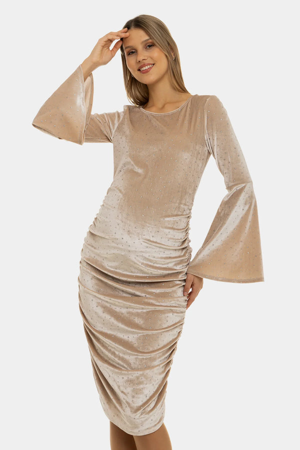 Glänzendes Umstandskleid aus Samt mit Raffung – Sandbeige