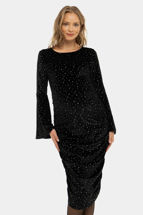 Glänzendes Umstandskleid aus Samt mit Raffung – Schwarz