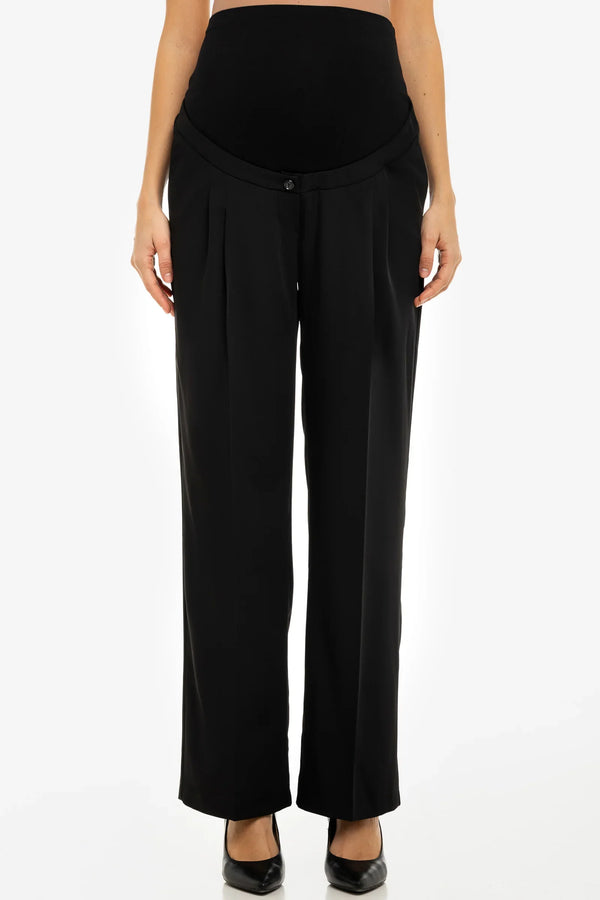 Weite Umstandshose aus Crêpe mit Falten – Schwarz