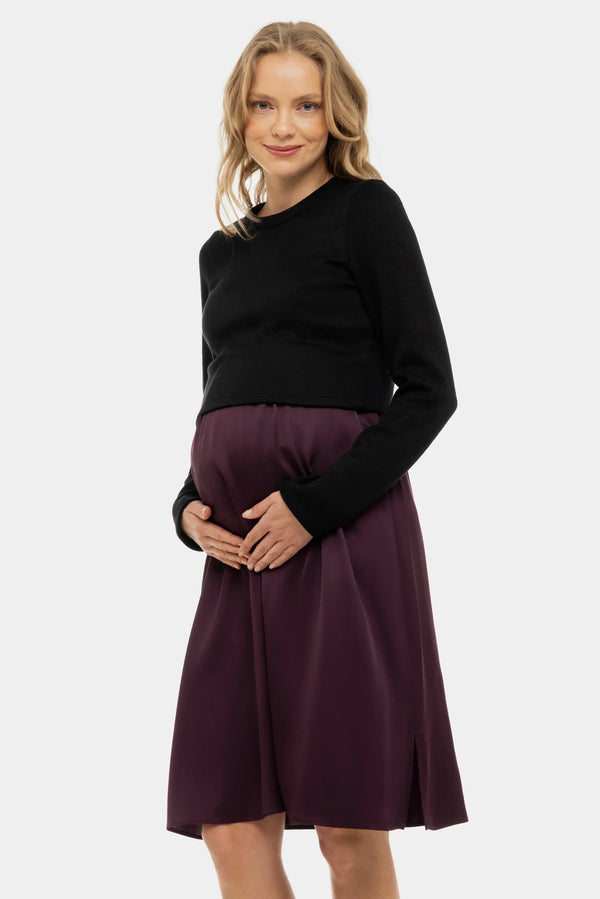 Satiniertes Umstands- und Stillkleid mit Pullover – Bordeaux