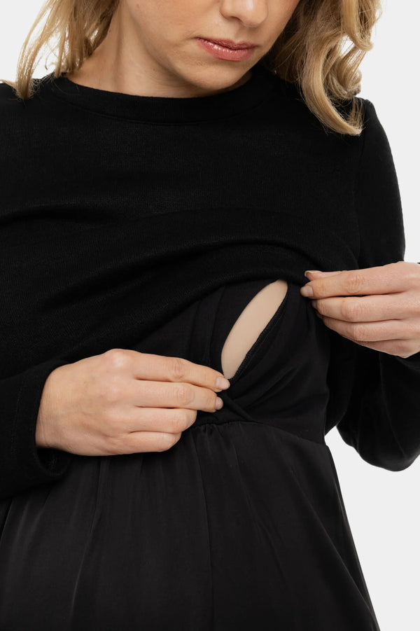 Satiniertes Umstands- und Stillkleid mit Pullover – Schwarz