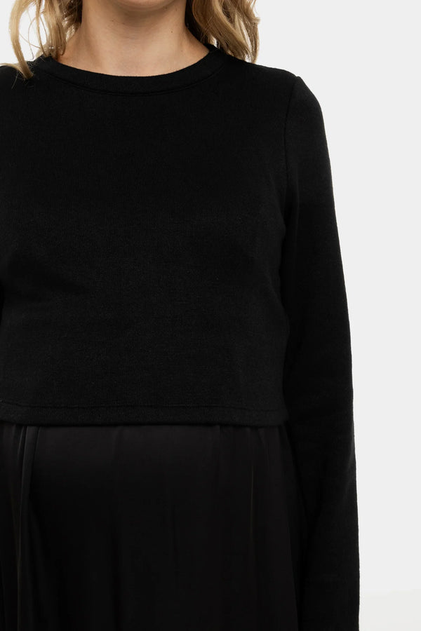 Satiniertes Umstands- und Stillkleid mit Pullover – Schwarz