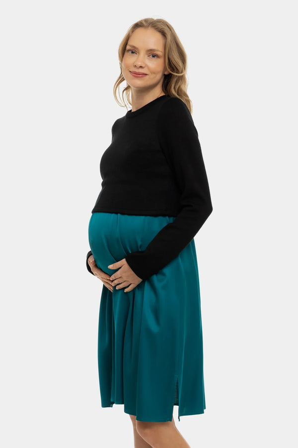 Satiniertes Umstands- und Stillkleid mit Pullover – Petrol