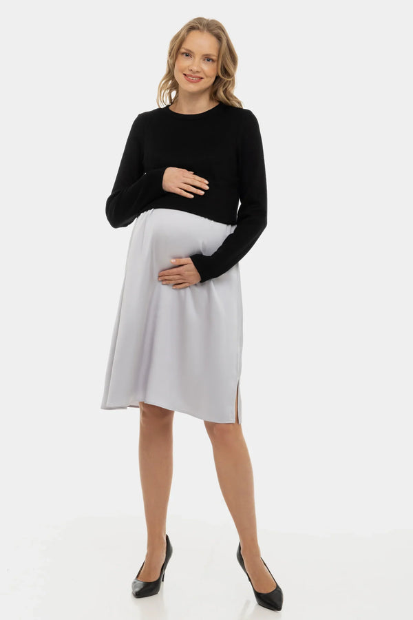 Satiniertes Umstands- und Stillkleid mit Pullover – Perlweiß