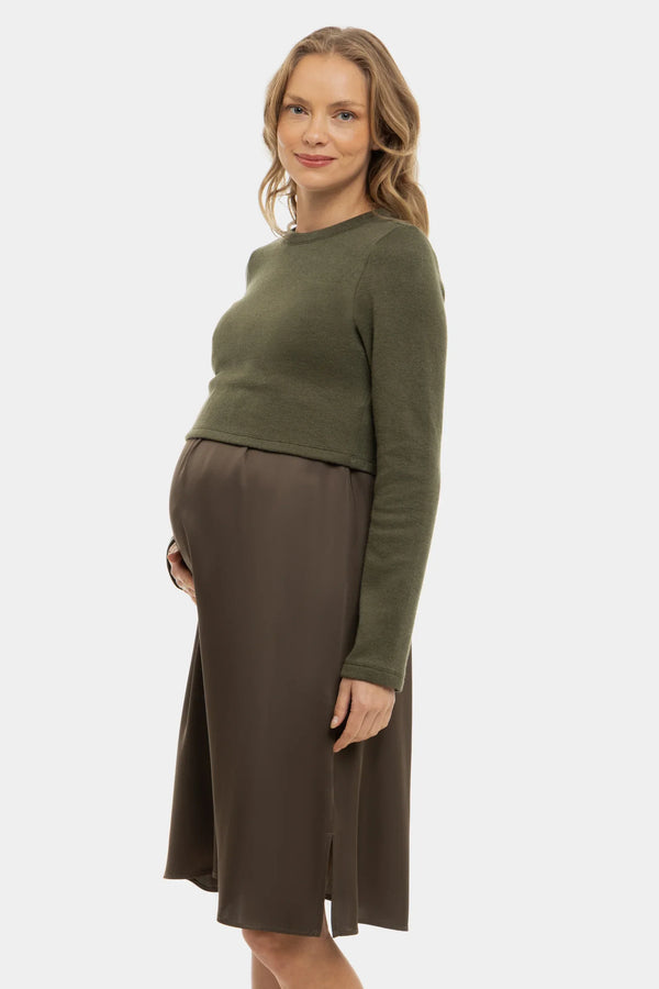 Satiniertes Umstands- und Stillkleid mit Pullover – Olivgrün
