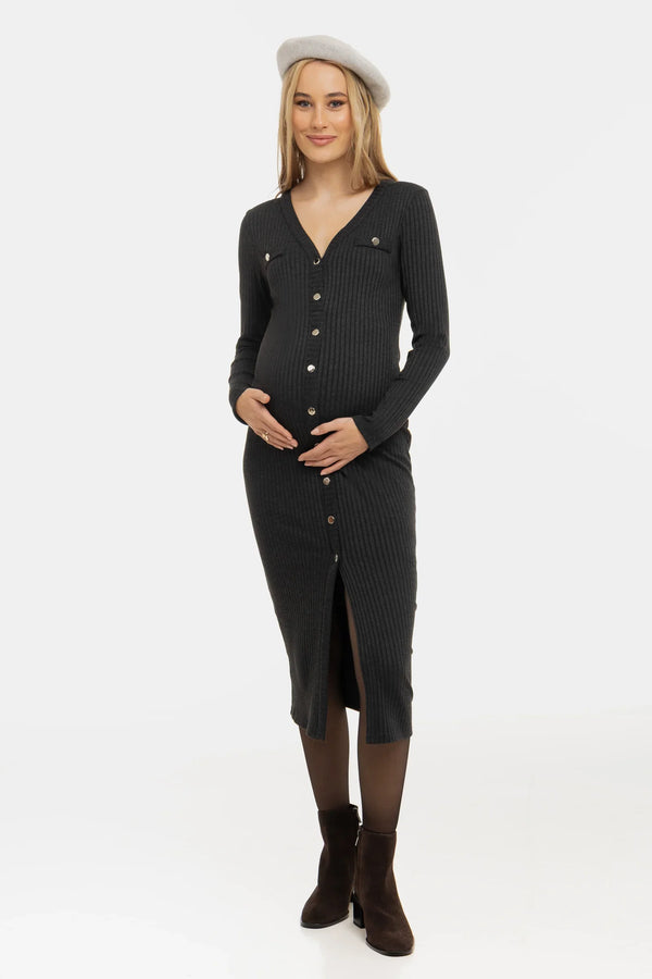 Umstands- und Stillkleid aus Rippjersey mit Knöpfen - Anthrazit