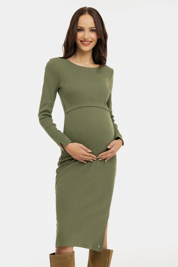 Langes geripptes Umstands- und Stillkleid mit langen Ärmeln – Khaki