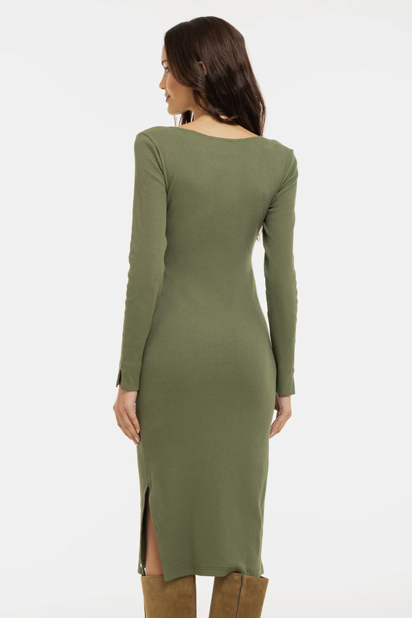 Langes geripptes Umstands- und Stillkleid mit langen Ärmeln – Khaki