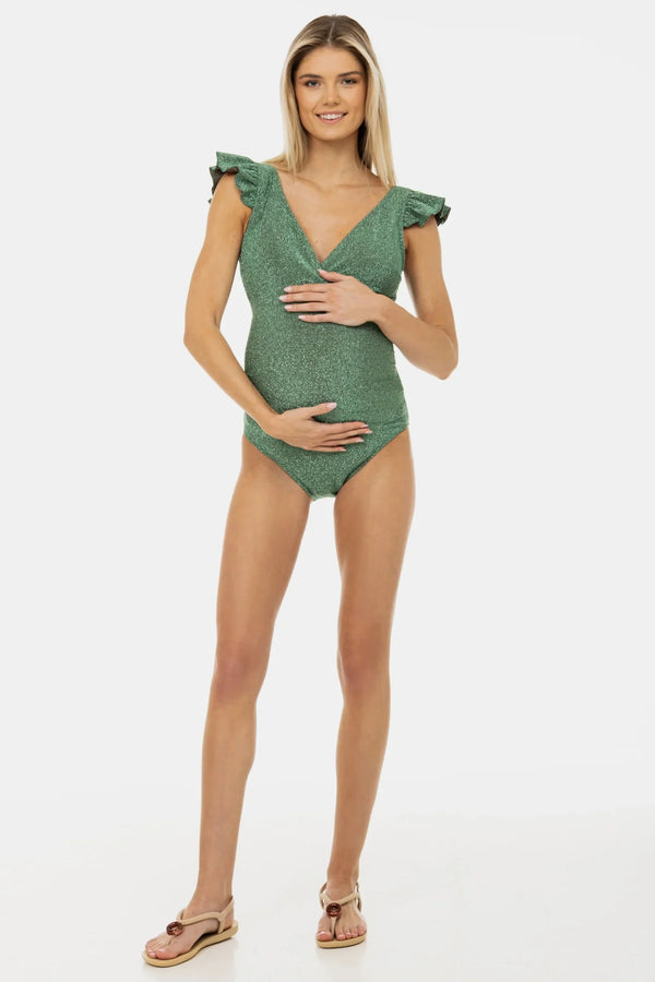 Glänzender Umstands- und Still-Badeanzug mit Schmetterlingsärmeln