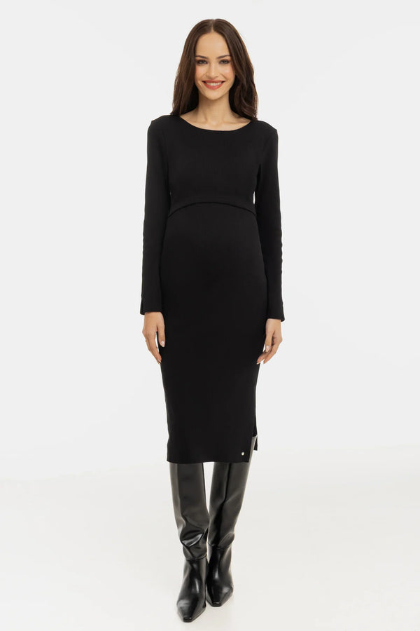 Langes geripptes Umstands- und Stillkleid mit langen Ärmeln – Schwarz