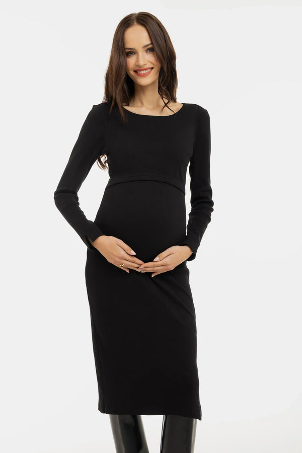Langes geripptes Umstands- und Stillkleid mit langen Ärmeln – Schwarz